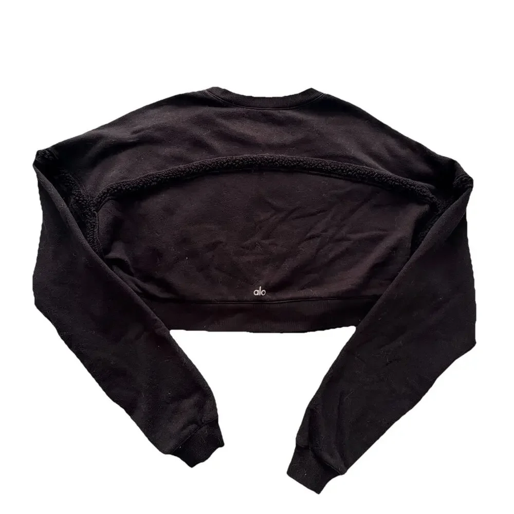 ALO Yoga Womens Black Cropped Textured Seamed Logo Sweatshirt M Athleisure